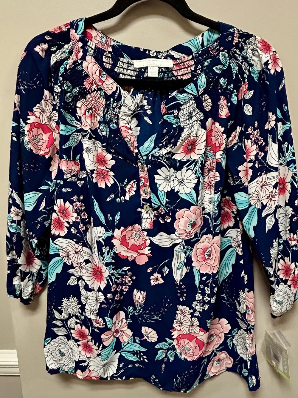 Women’s Navy Floral Blouse with Pink & Teal Accents Juniper + Lime Sz S NWT